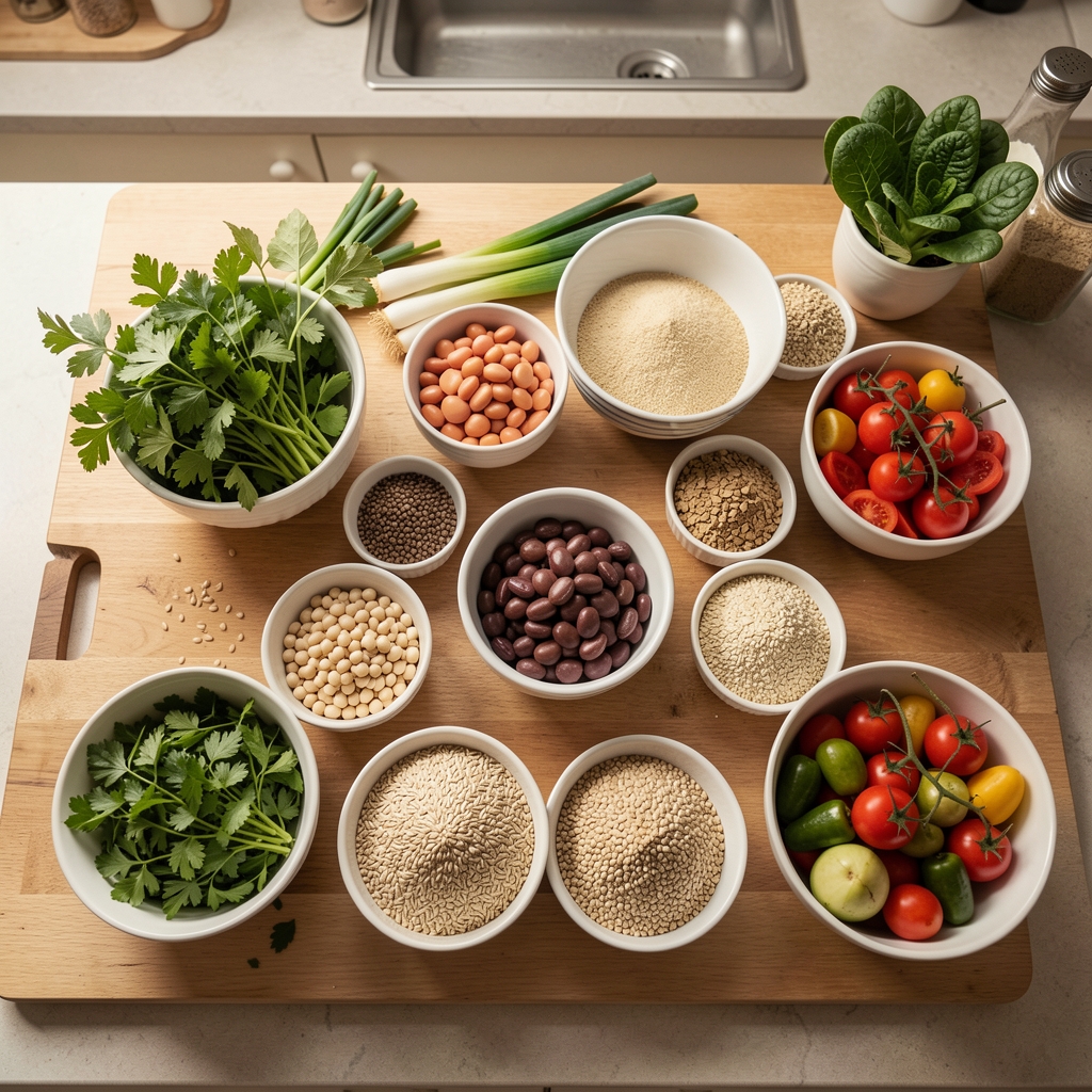 Overhead view of a balanced meal preparation surface in a Bucharest kitchen with fresh herbs, legumes, whole grains, and vegetables sorted into bowls for a meal plan demonstration