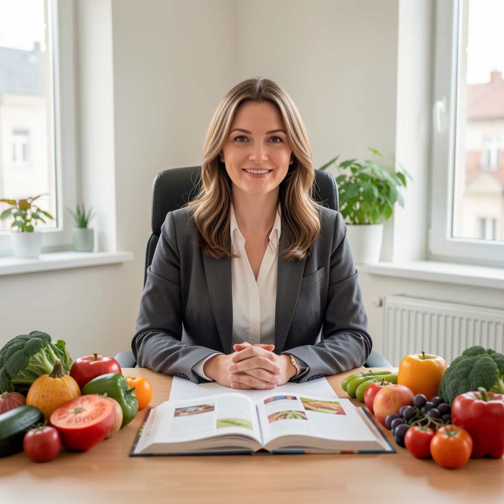 Pertora nutritionist seated at a desk surrounded by seasonal produce and open food reference books in a well-lit consultation room in Bucharest