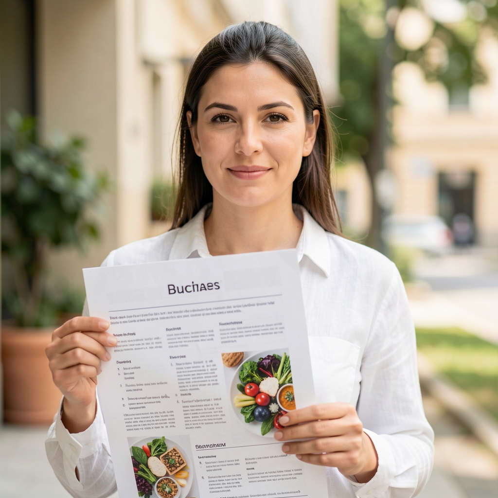 Professional portrait of a female nutritionist in a white linen shirt holding a seasonal meal planning document in a bright Bucharest studio