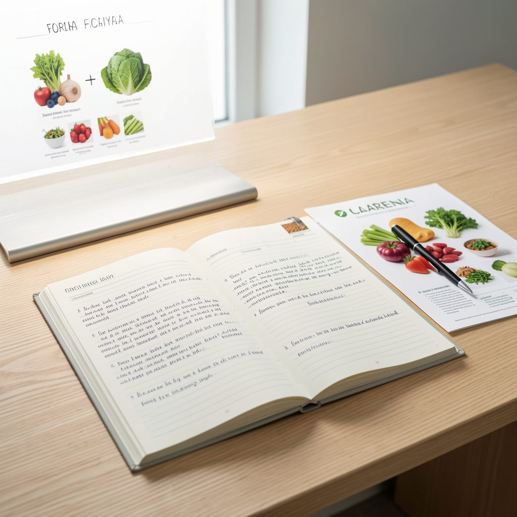 Open food diary and hand-written intake notes on a clean wooden desk in the Pertora consultation studio, alongside a seasonal vegetable reference chart under bright studio lighting