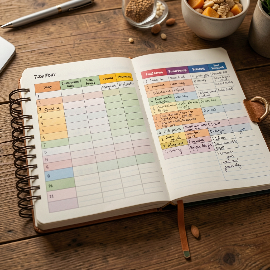 Open food journal on a wooden desk showing a completed 7-day food tracking record with colour-coded food group columns and handwritten notes