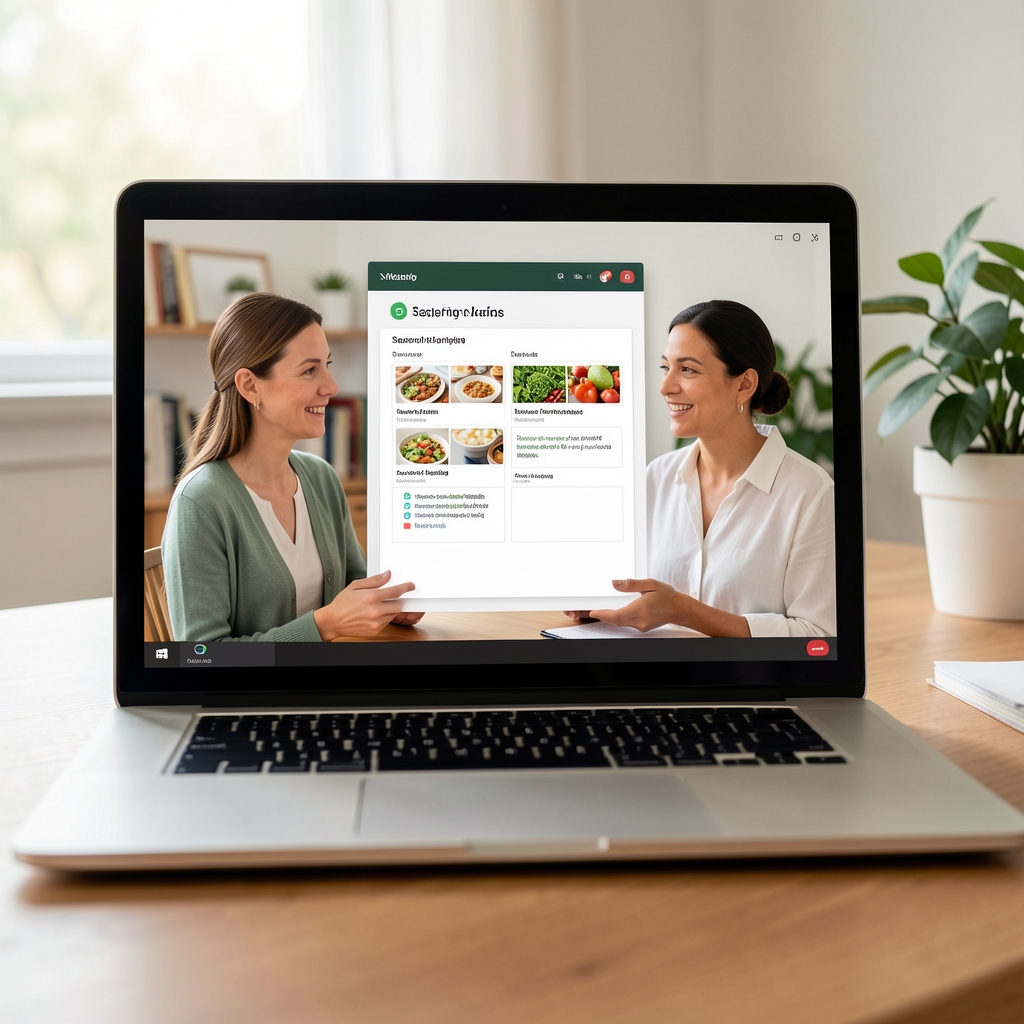 Video call nutrition consultation in progress on a laptop screen showing a nutritionist and client reviewing a shared seasonal meal planning document