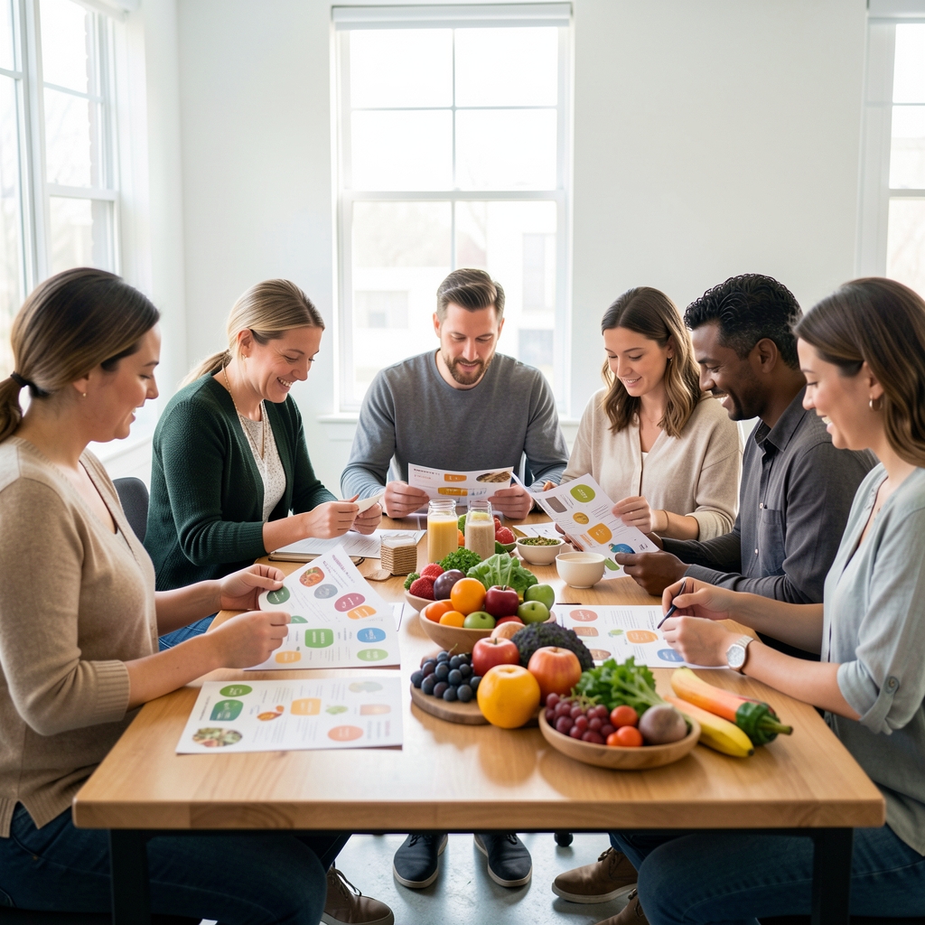 Group nutrition workshop setting with several participants reviewing printed food group charts and seasonal produce samples arranged on a shared table in a bright studio